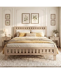 Sugift Queen Wood Bed Frame with Upholstered Headboard and 12 Plywood Slats