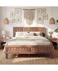 Sugift Mid Century Queen Bed Frame with 3D Woven Headboard