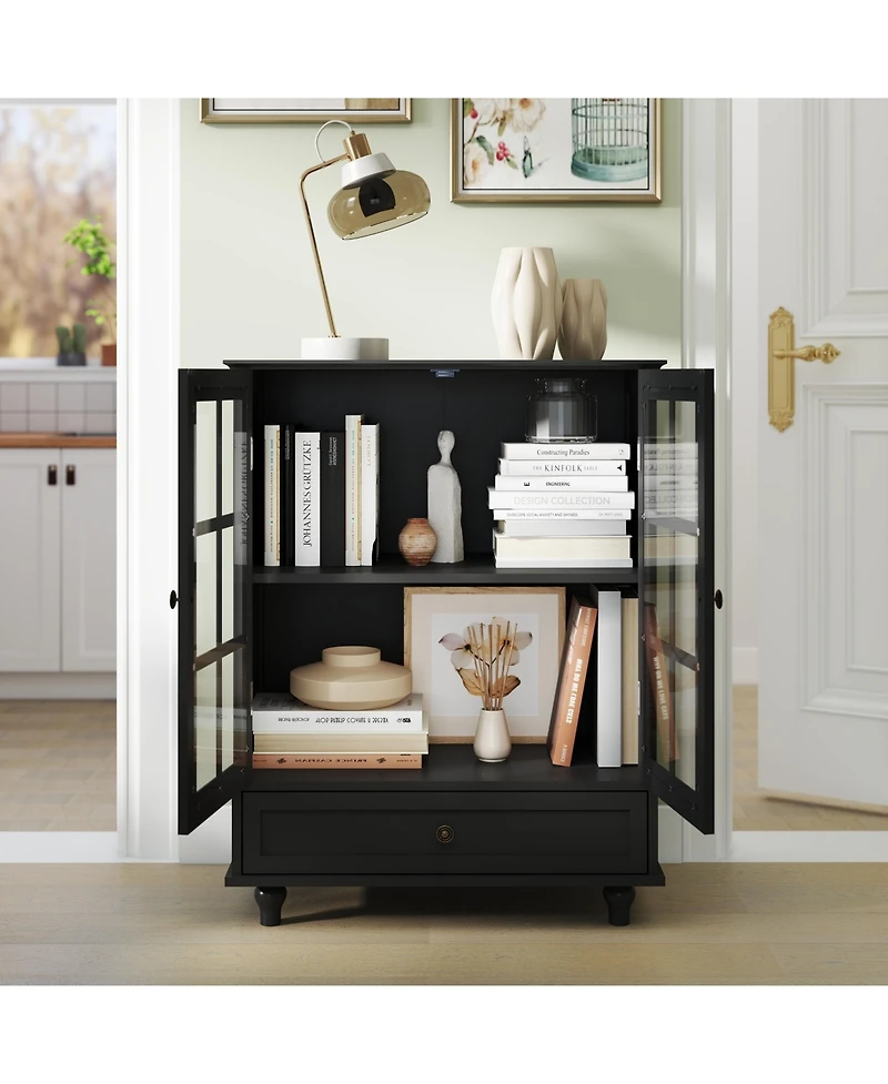 Clihome Minimalist Buffet Cabinet with Double Glass Doors and Drawer, Modern Wooden Storage Sideboard Cupboard
