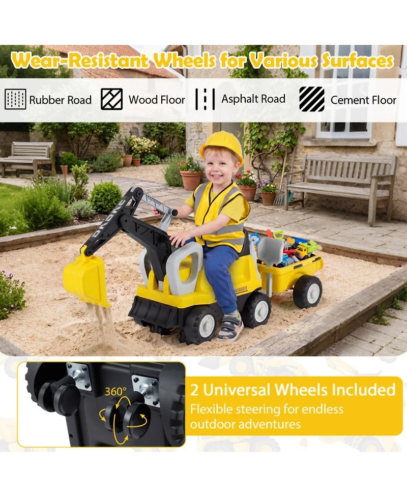 Hongge 2-In-1 Foot-to-Floor Ride-On Tractor with Digging Arm and Detachable Trailer, 50"L x 13"W x 23"H, 55 lb. Capacity, Ages 3+