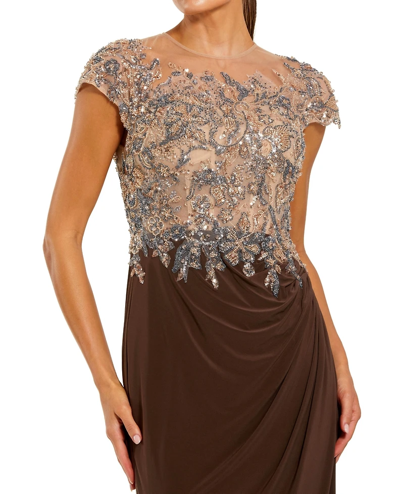 Mac Duggal Women's Petite Crystal-Embellished Illusion-Neck Evening Gown