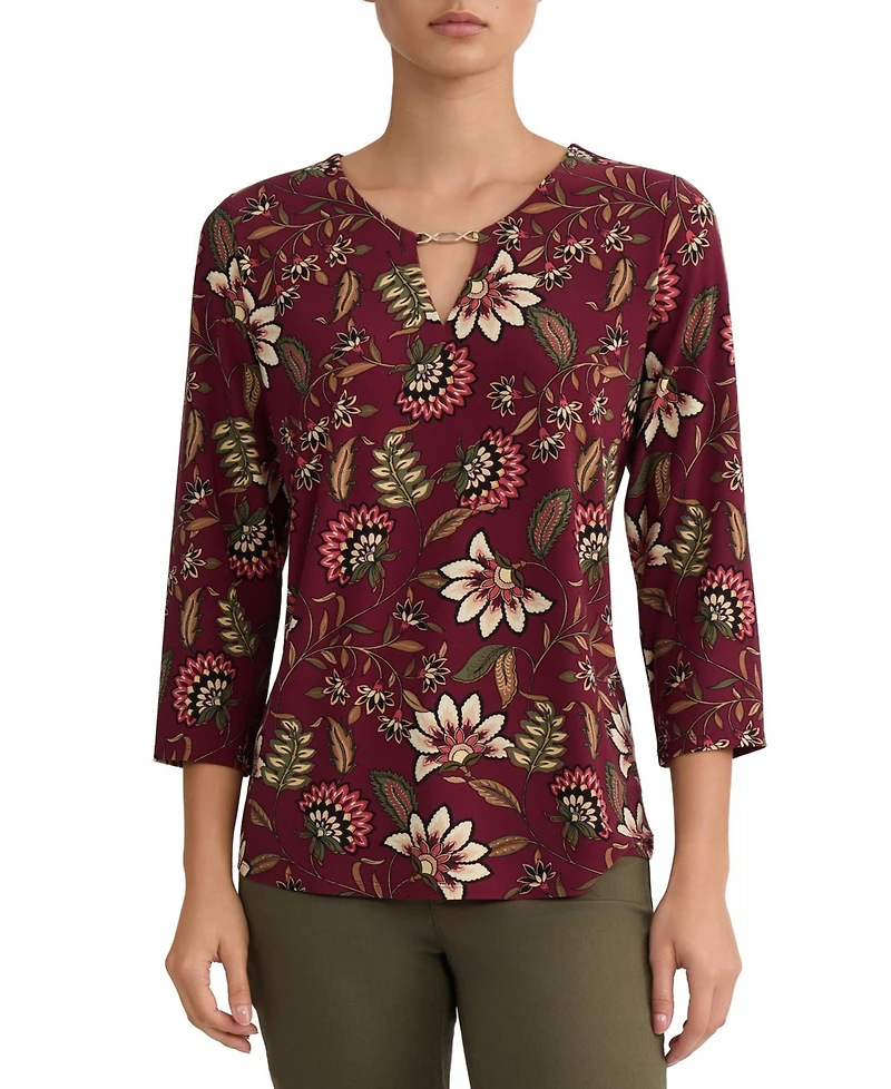 Jones New York Women's Floral-Print V-Neck 3/4-Sleeve Buckle Trim Blouse