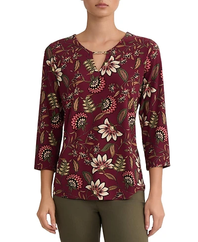 Jones New York Women's Floral-Print V-Neck 3/4-Sleeve Buckle Trim Blouse