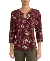 Jones New York Women's Floral-Print V-Neck 3/4-Sleeve Buckle Trim Blouse