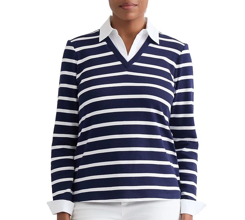 Jones New York Petite Long-Sleeve Striped V-Neck T-Shirt