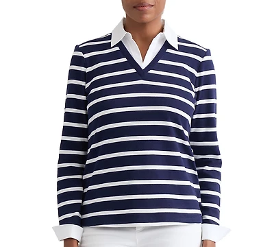 Jones New York Petite Long-Sleeve Striped V-Neck T-Shirt