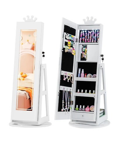 Sugift Kids 3-in-1 Crown Jewelry Armoire with Lighted Full-Length Mirror and 360-Degree Swivel Base