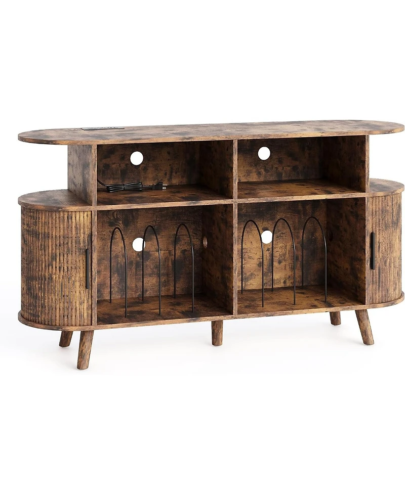 homfan Round Mid-Century Tv Stand and Media Console with Vinyl Storage and Charging Station, Open Shelves