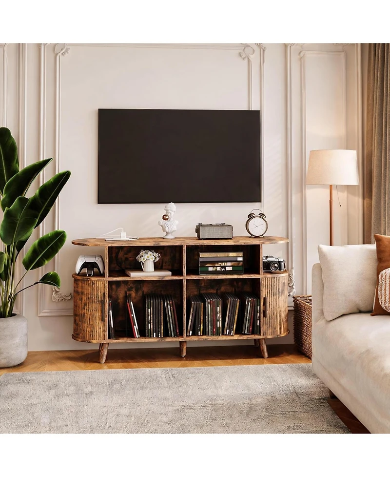 homfan Round Mid-Century Tv Stand and Media Console with Vinyl Storage and Charging Station, Open Shelves