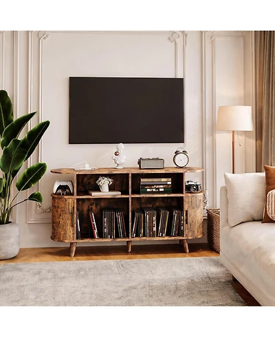 homfan Round Mid-Century Tv Stand and Media Console with Vinyl Storage and Charging Station, Open Shelves