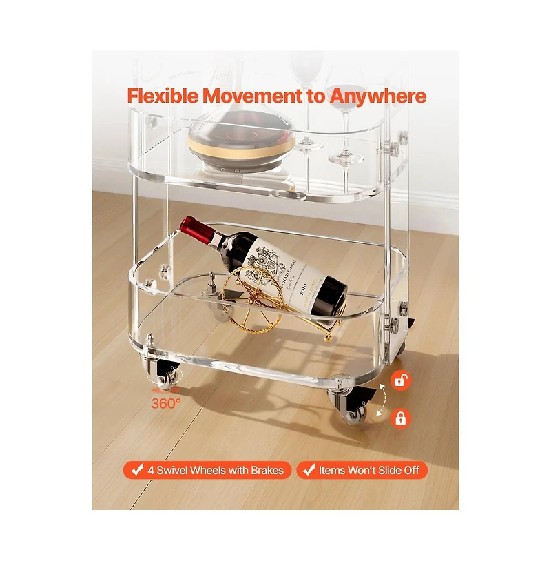 Slickblue 2 Tier Acrylic Rolling Cart Table with Wheels, Clear Storage Side Desk