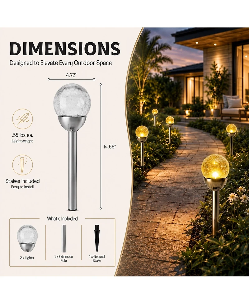 Bell + Howell 2-Piece Solar Powered Cracked Glass Led Pathway Lights, Weather-Resistant Garden Stakes