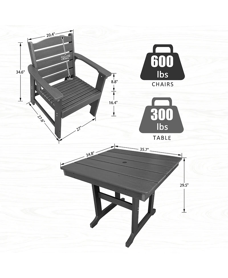 Innovaze 5-Piece Hdpe Weather Resistant Patio Dining Set, Poly Lumber Table and Chairs with Umbrella Hole for Outdoor Garden Yard Lawn (Slat)