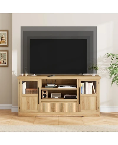 homfan 72" Farmhouse Tv Stand with Wave Pattern and Glass Door Cabinets, Media Console, Light Wood Finish