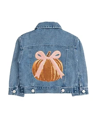 Sweet Wink Little Girls Coquette Pumpkin Sequin Patch Denim Jacket