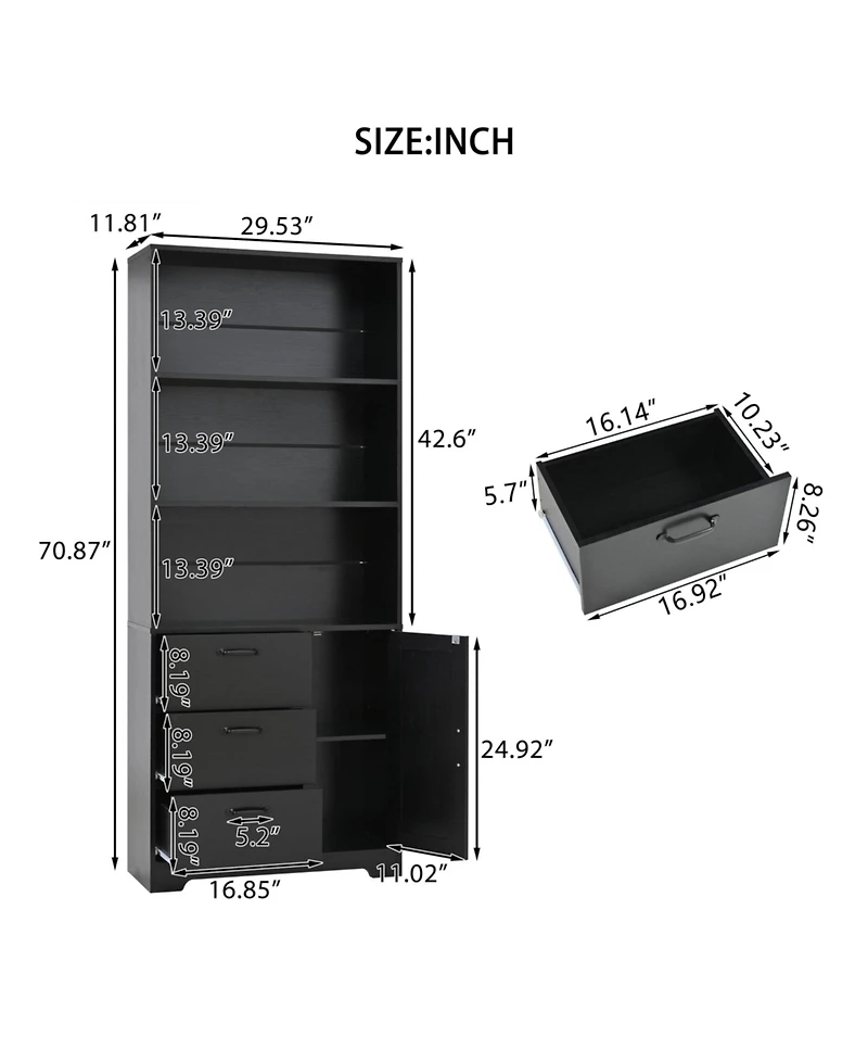 homfan 71" Tall Black Bookcase with Doors and 3 Drawers, 3-Tier Open Shelves