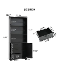 homfan 71" Tall Black Bookcase with Doors and 3 Drawers, 3-Tier Open Shelves