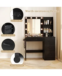 Sugift Vanity Desk with 3-Color Lighted Mirror Power Outlets and 4 Drawers