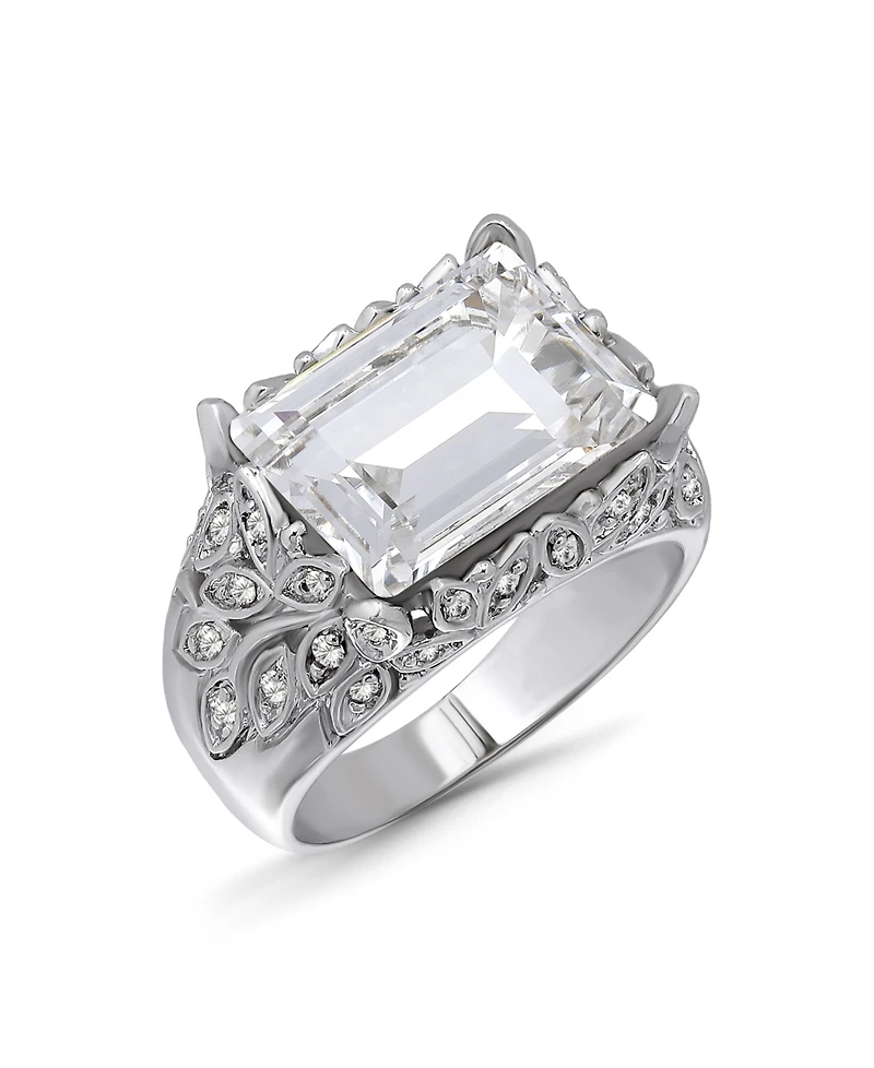 Macy's Emerald Cut Cubic Zirconia Fine Silver-Plated Over Brass Leaf Design Statement Ring