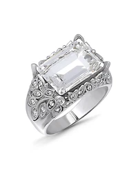 Macy's Emerald Cut Cubic Zirconia Fine Silver-Plated Over Brass Leaf Design Statement Ring