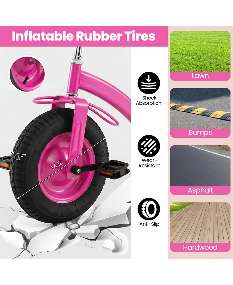Hongge Kids Tricycle with Inflatable Rubber Tires and Wooden Basket, 200 lbs Capacity, Ages 3+