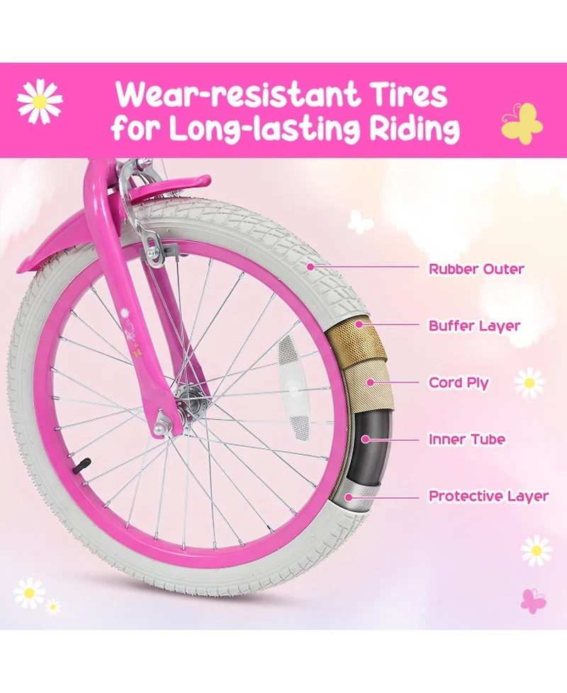 Hongge 18 in Girls Bike with Front Storage Bag and Removable Training Wheels Ages 4-8