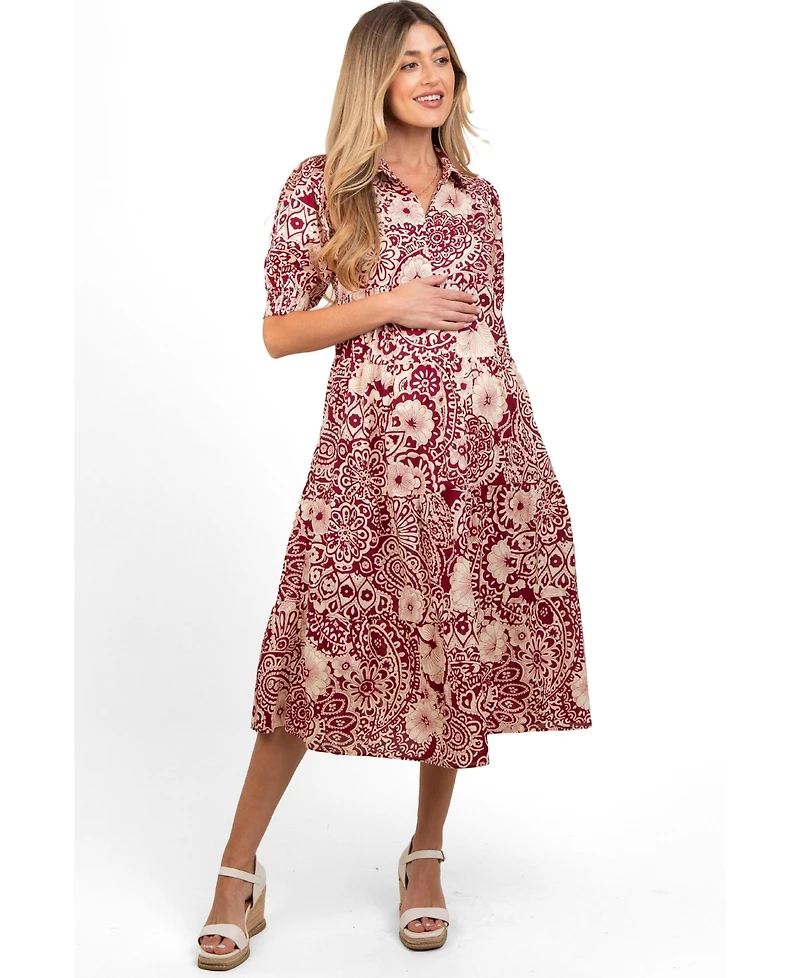 Pinkblush Women's Burgundy Floral Collared Tiered Midi Dress