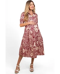 Pinkblush Women's Burgundy Floral Collared Tiered Midi Dress