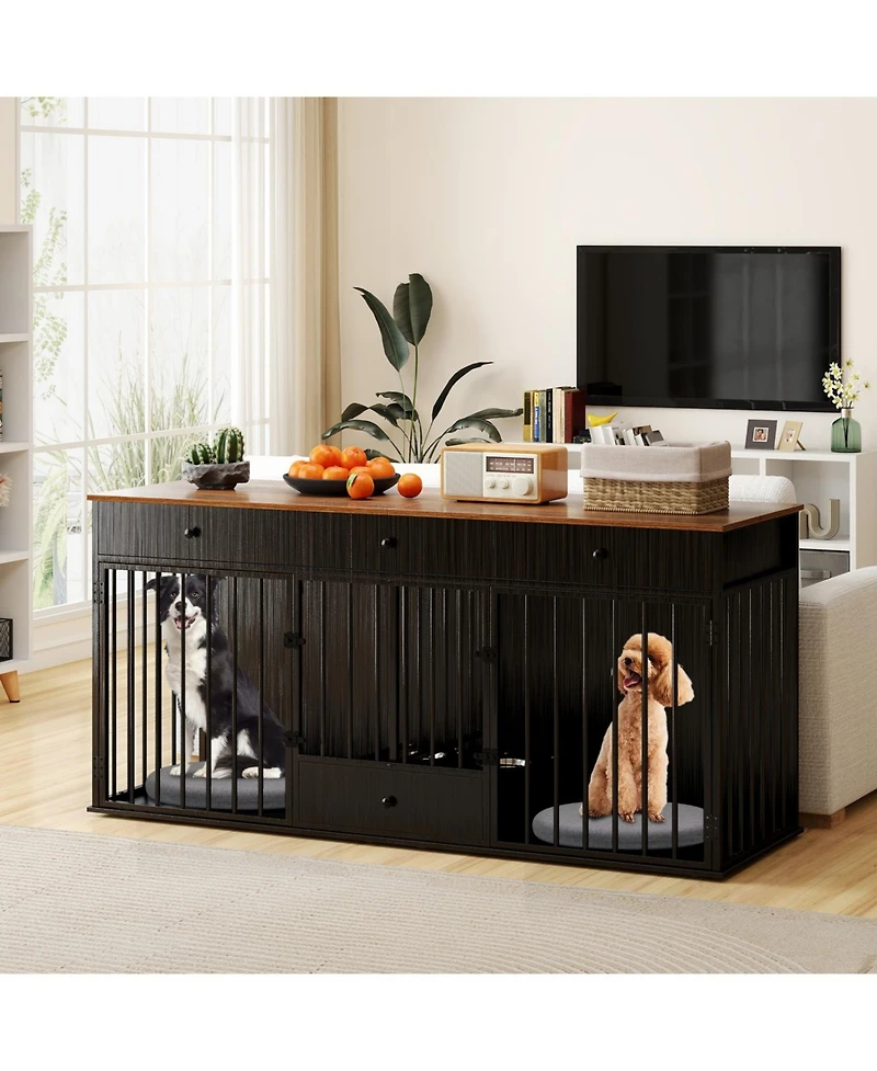 Ruie Modern Dog Kennel Furniture 71 in 2 Room Pet Cabinet with Pull Out Feeder
