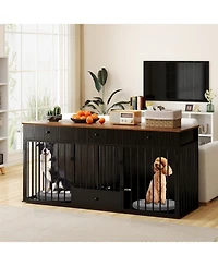 Ruie Modern Dog Kennel Furniture 71 in 2 Room Pet Cabinet with Pull Out Feeder