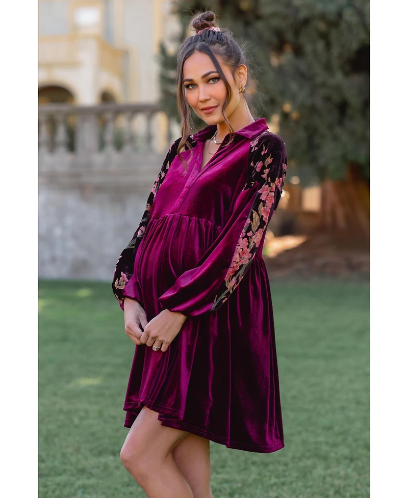 Pinkblush Maternity Velvet Floral Long-Sleeve Dress