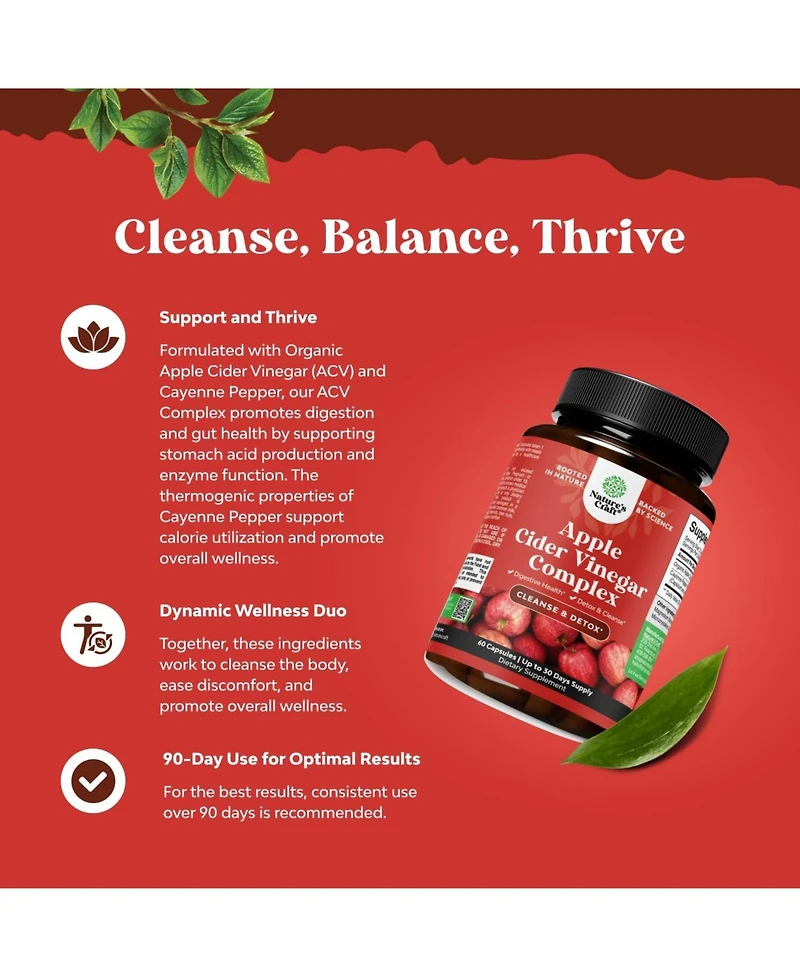 Nature's Craft Apple Cider Vinegar Capsules - Acv Supplement for Gut and Digestive Health with Cayenne - Extra Strength Acv Capsules