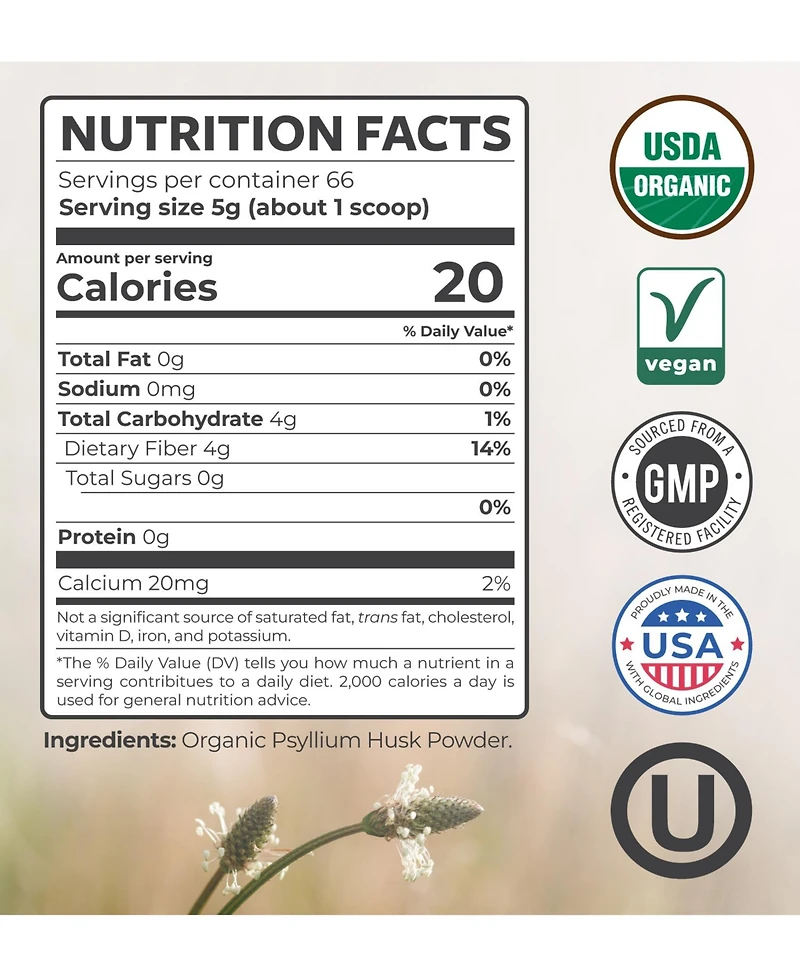 Pure Co Usda Organic Psyllium Husk Powder Dietary Fiber Supplement, Finely Milled, Non-gmo, Gluten-Free, 11.64 Ounces