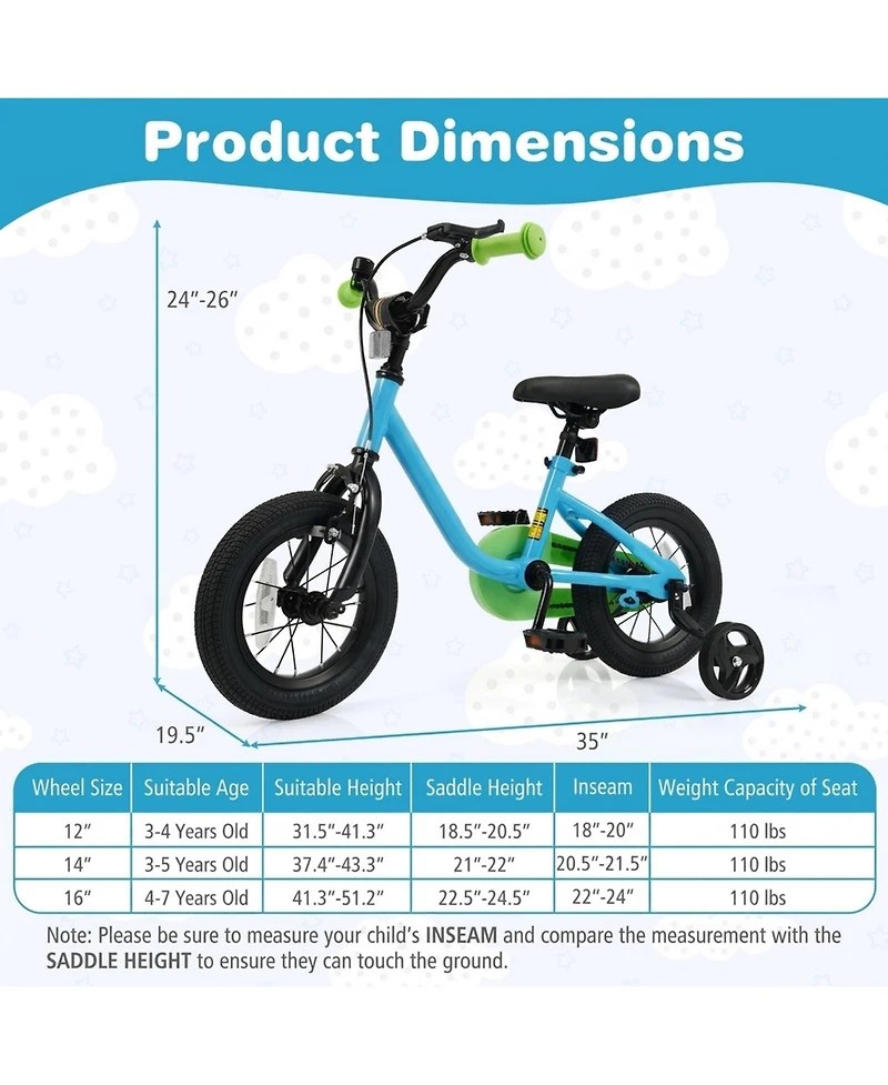 Hongge 12-Inch Kids Bike with Training Wheels Adjustable Seat and Dual Brakes Ages 3-4