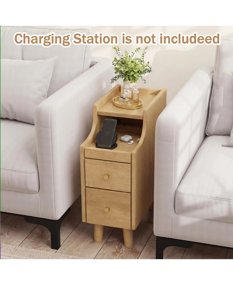 Sugift Solid Wood Narrow Nightstand with Pull-Out Tray and 2 Storage Drawers