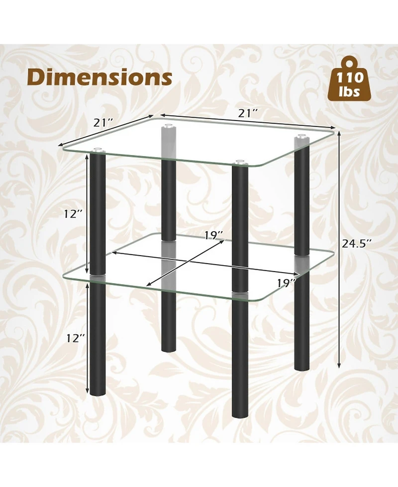 Sugift 2-Tier Square End Table with Tempered Glass Top and Rubber Wood Legs