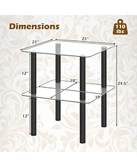Sugift 2-Tier Square End Table with Tempered Glass Top and Rubber Wood Legs