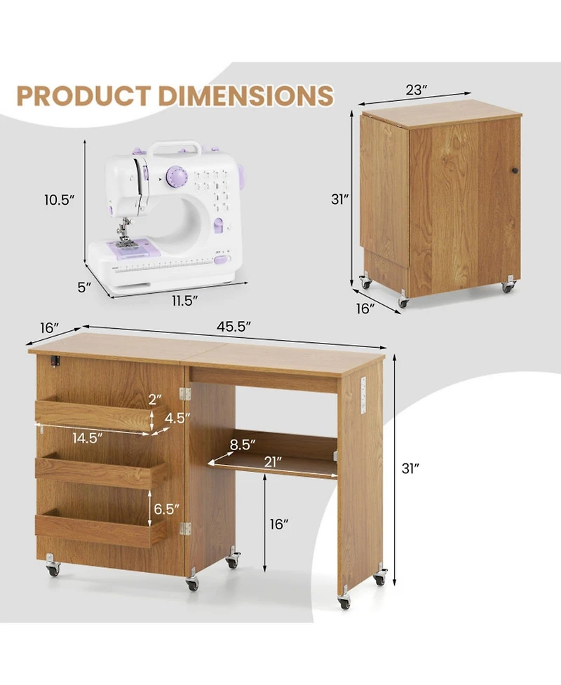 Sugift Foldable Sewing Machine Craft Table with Charging Station and Locking Casters