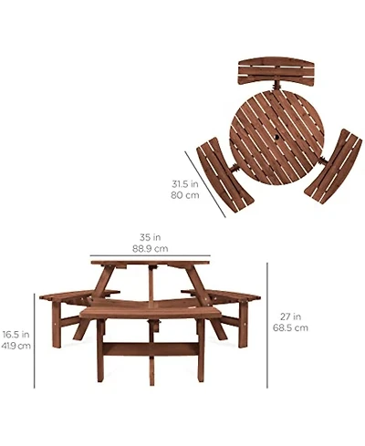Gaomon 6-Person Round Natural Wood Outdoor Picnic Table with Attached Benches and Umbrella Hole for Patio Garden, Umbrella Not Included
