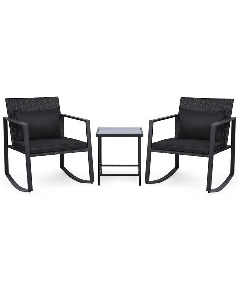 Sugift 3-Piece Outdoor Rocking Bistro Set with Cushions and Tempered Glass Table