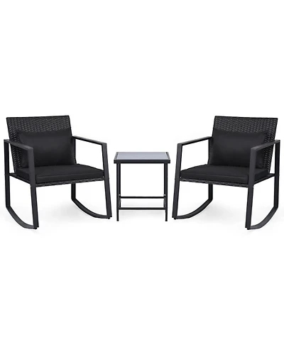 Sugift 3-Piece Outdoor Rocking Bistro Set with Cushions and Tempered Glass Table