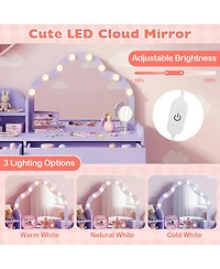 Sugift Kids Vanity Desk and Stool Set with Cloud-Shaped Lighted Mirror and Side Cabinet