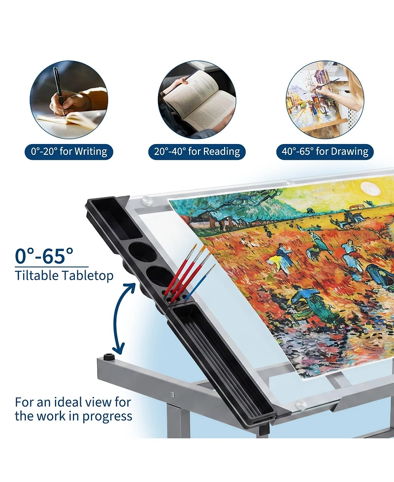 homfan Adjustable Glass Drafting Desk with Wheels and Storage Drawers, 0-65degree(s) Tilting Art Table for Home Office