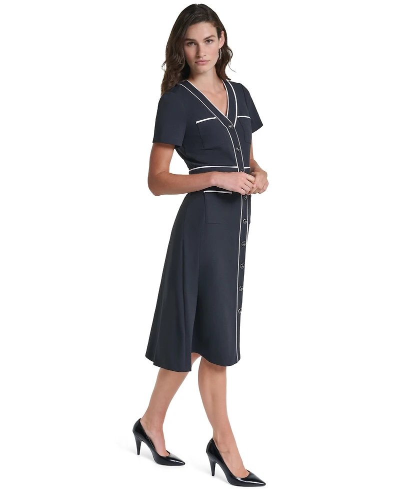 Karl Lagerfeld Paris Women's Scuba A-Line V-Neck Midi Dress