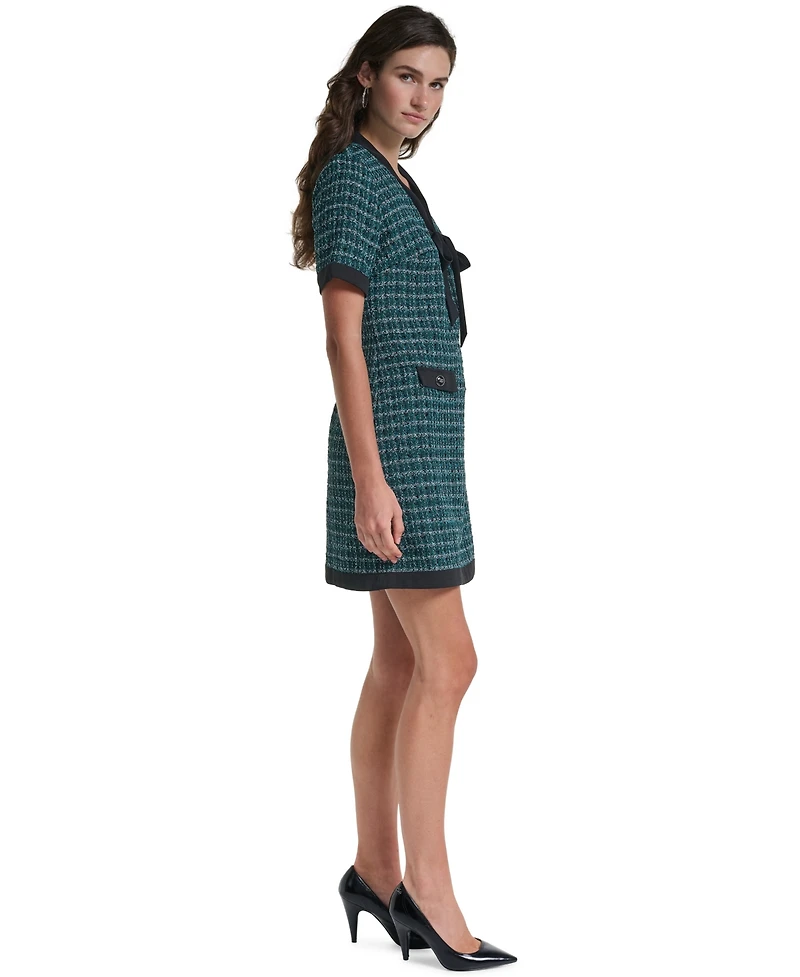 Karl Lagerfeld Paris Women's Tweed A-Line With Neck Tie Plaid Short-Sleeve Dress