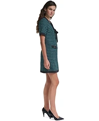 Karl Lagerfeld Paris Women's Tweed A-Line With Neck Tie Plaid Short-Sleeve Dress