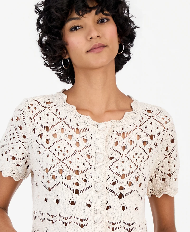 And Now This Petite Pointelle Short-Sleeve Scalloped-Trim Cardigan, Macy's Exclusive