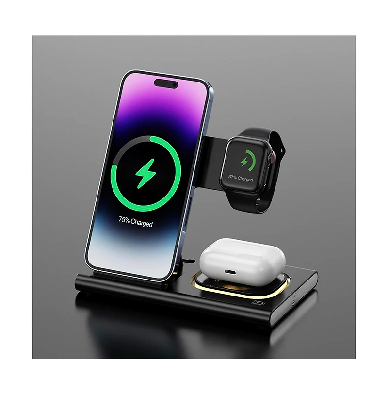 Artudatech 4-in-1 Foldable 15W Fast-Charging Wireless Charger with Night Light, Compatible with iPhone, Apple Watch, and AirPods