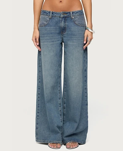 Edikted Women's Low-Rise Wide-Leg Rhinestone Jeans, 32" Inseam