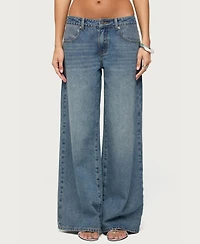 Edikted Women's Low-Rise Wide-Leg Rhinestone Jeans, 32" Inseam